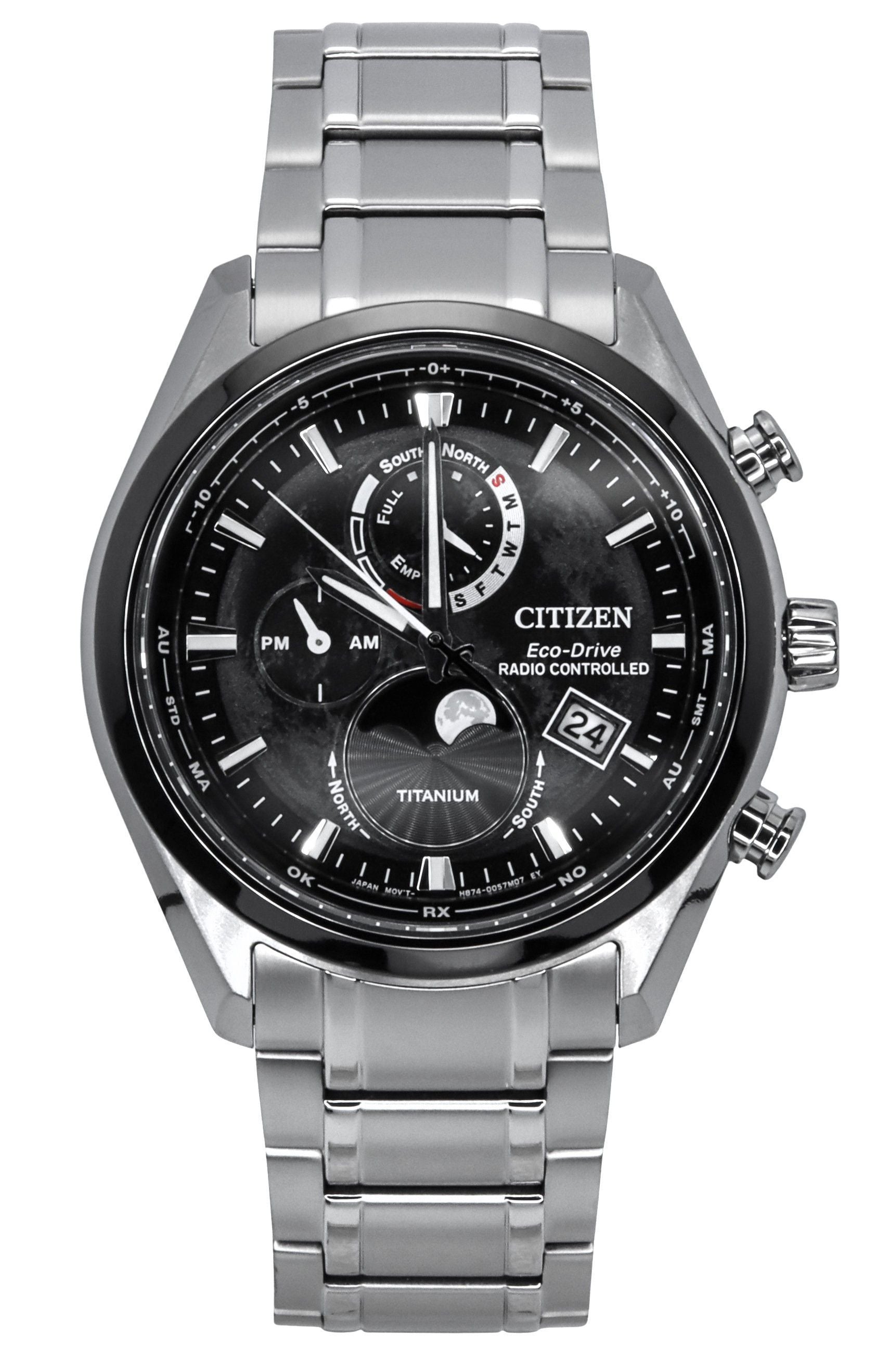 Citizen Eco-Drive Moon phase display Black Titanium Male BY1018-80E. A brand-new Citizen Eco-Drive watch featuring a Black dial and a Titanium strap. Angled view.