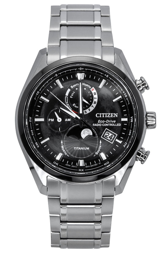 Citizen Eco-Drive Moon phase display Black Titanium Male BY1018-80E. A brand-new Citizen Eco-Drive watch featuring a Black dial and a Titanium strap. Angled view.