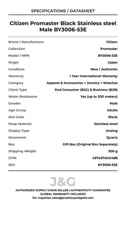 Citizen Promaster Black Stainless steel Male BY3006-53E - Specifications