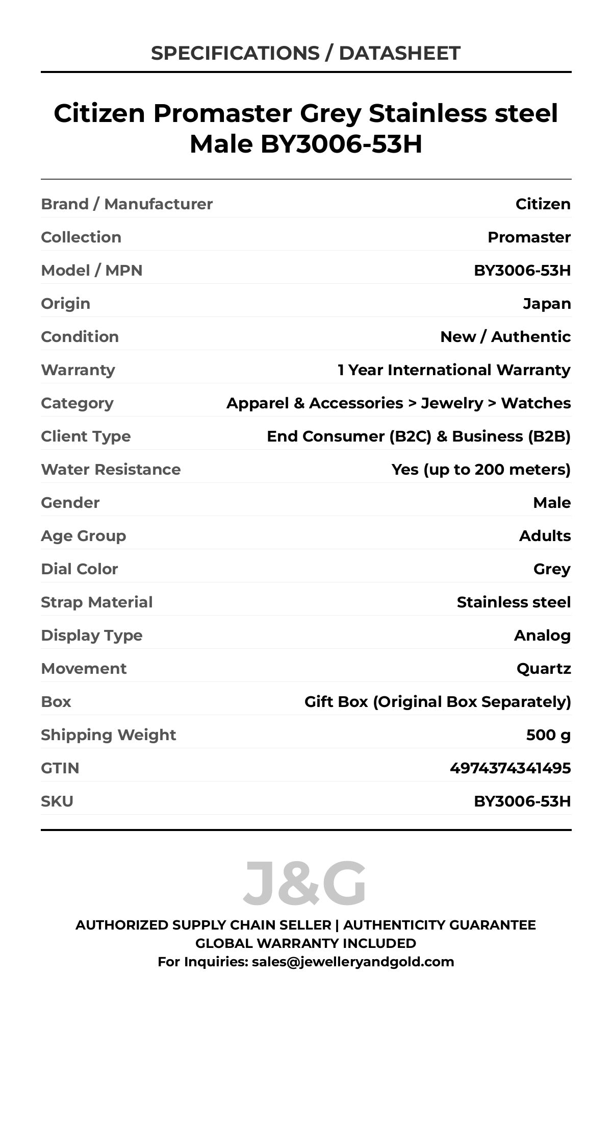 Citizen Promaster Grey Stainless steel Male BY3006-53H - Specifications