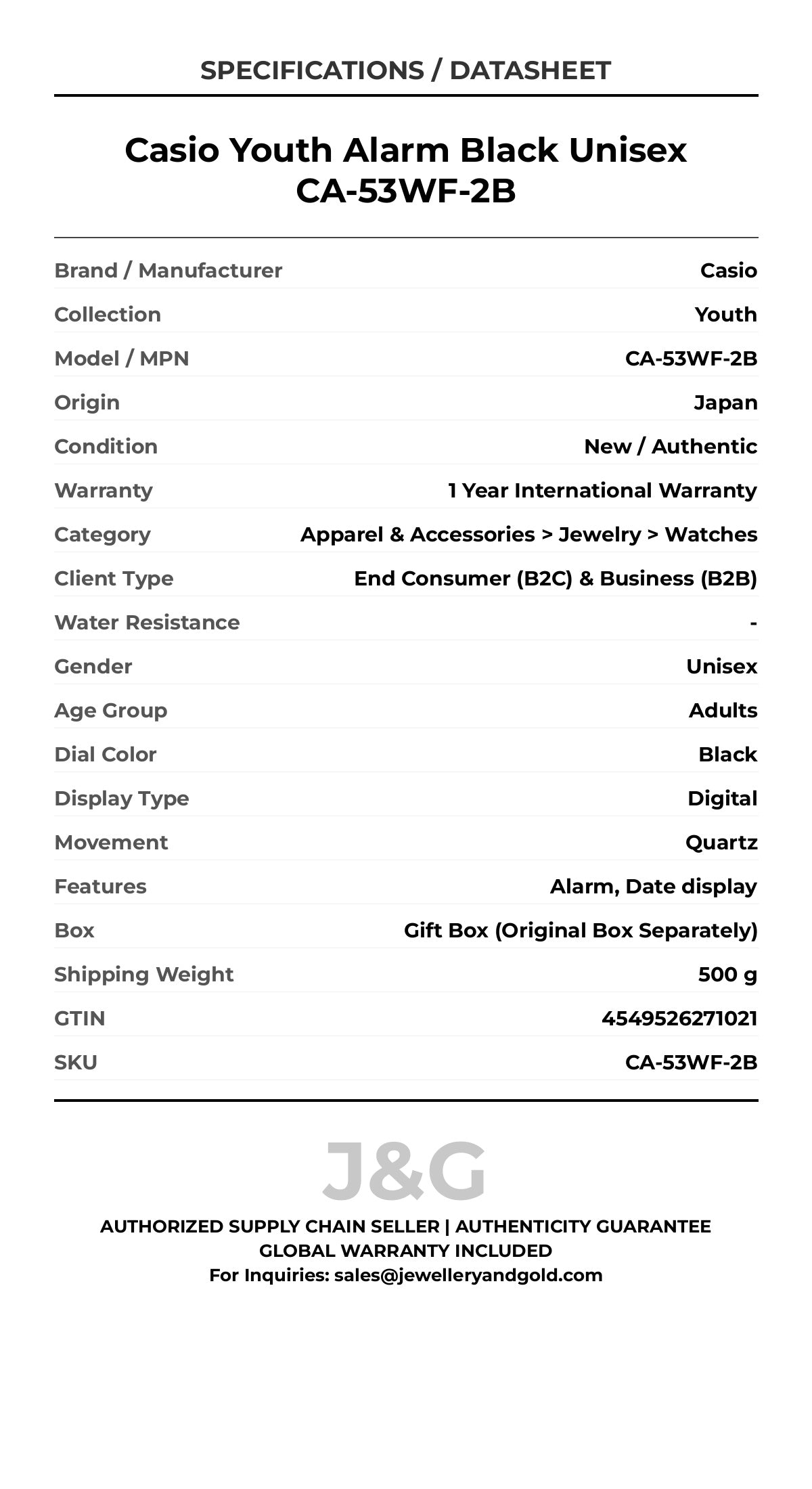 Casio Youth Alarm Black Unisex CA-53WF-2B - Specifications