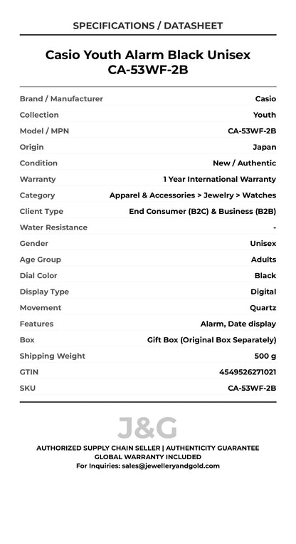 Casio Youth Alarm Black Unisex CA-53WF-2B - Specifications