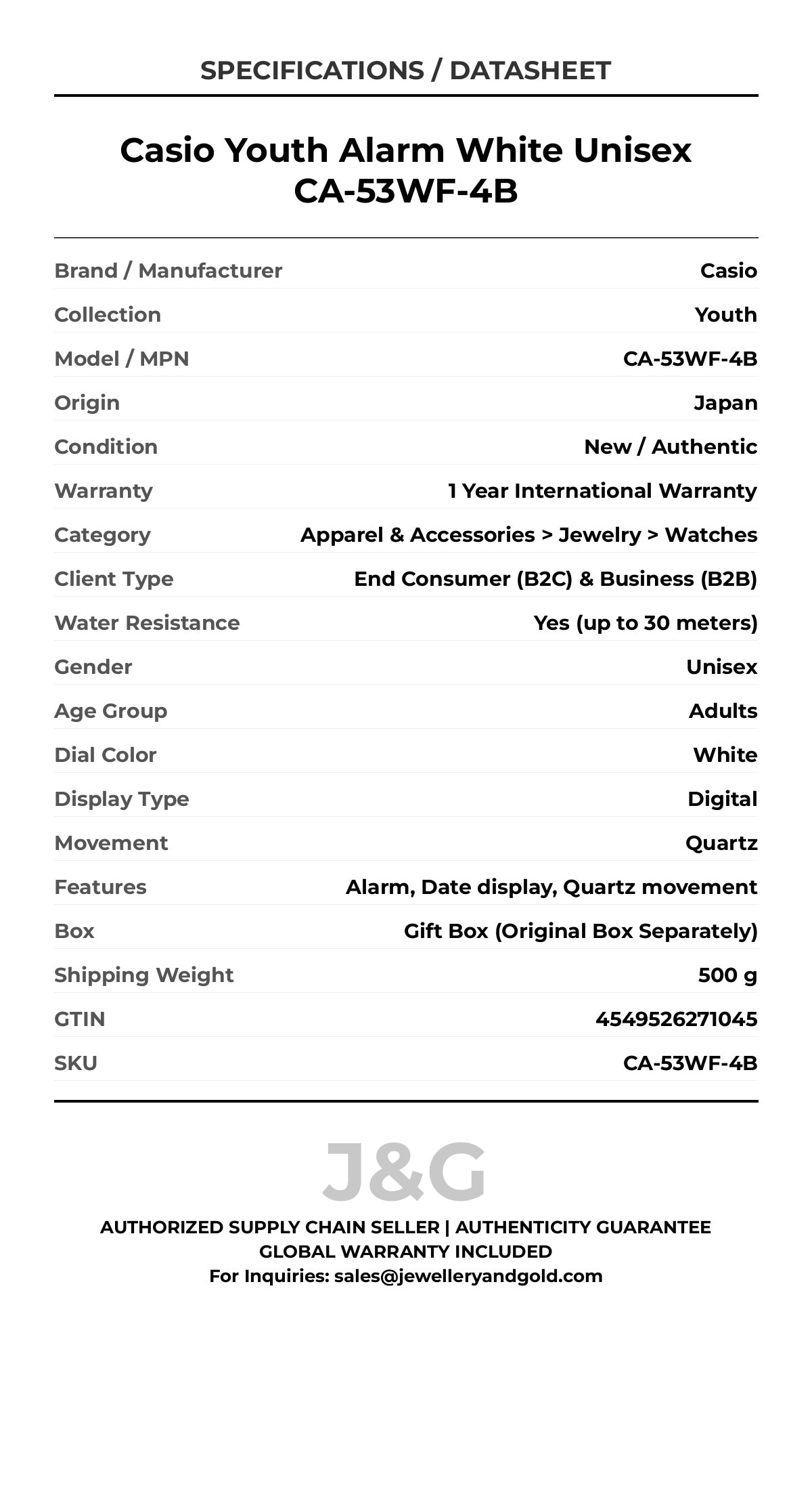 Casio Youth Alarm White Unisex CA-53WF-4B - Specifications