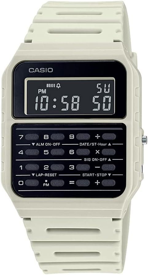 Casio Youth Alarm White Male CA-53WF-8B. A brand-new Casio Youth watch featuring a White dial. Angled view.