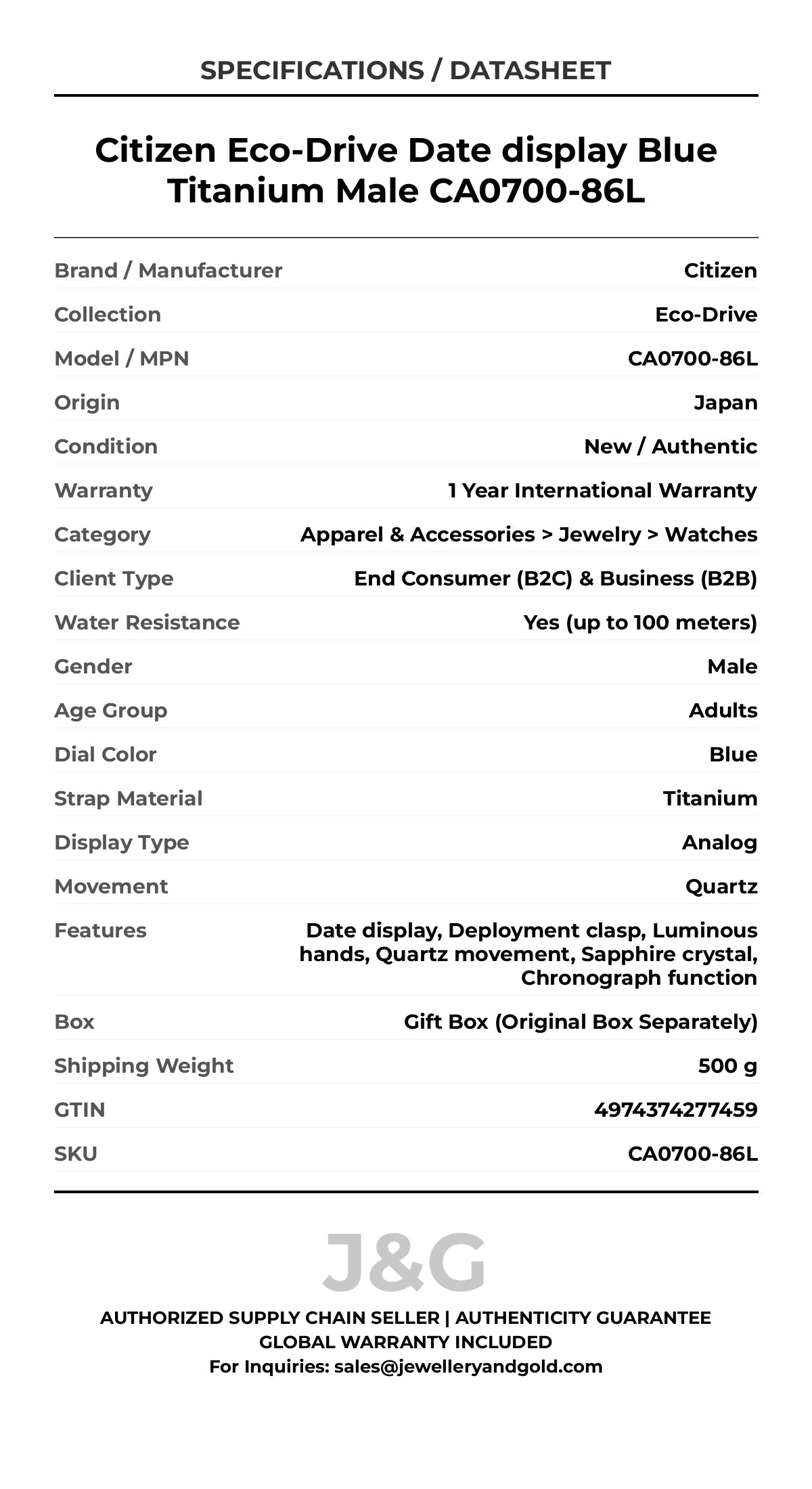 Citizen Eco-Drive Date display Blue Titanium Male CA0700-86L - Specifications