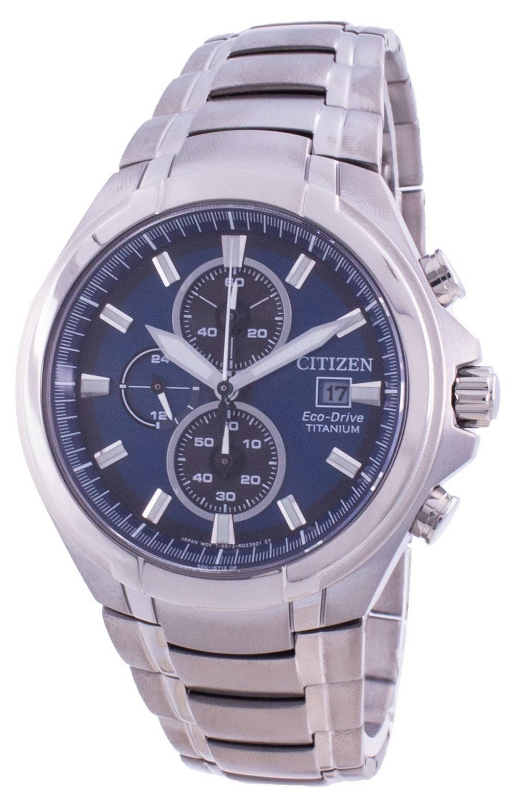 Citizen Eco-Drive Date display Blue Titanium Male CA0700-86L. A brand-new Citizen Eco-Drive watch featuring a Blue dial and a Titanium strap. Side view.