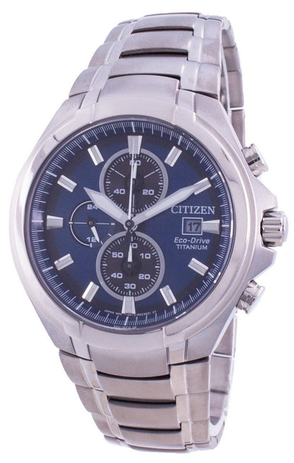 Citizen Eco-Drive Date display Blue Titanium Male CA0700-86L. A brand-new Citizen Eco-Drive watch featuring a Blue dial and a Titanium strap. Side view.