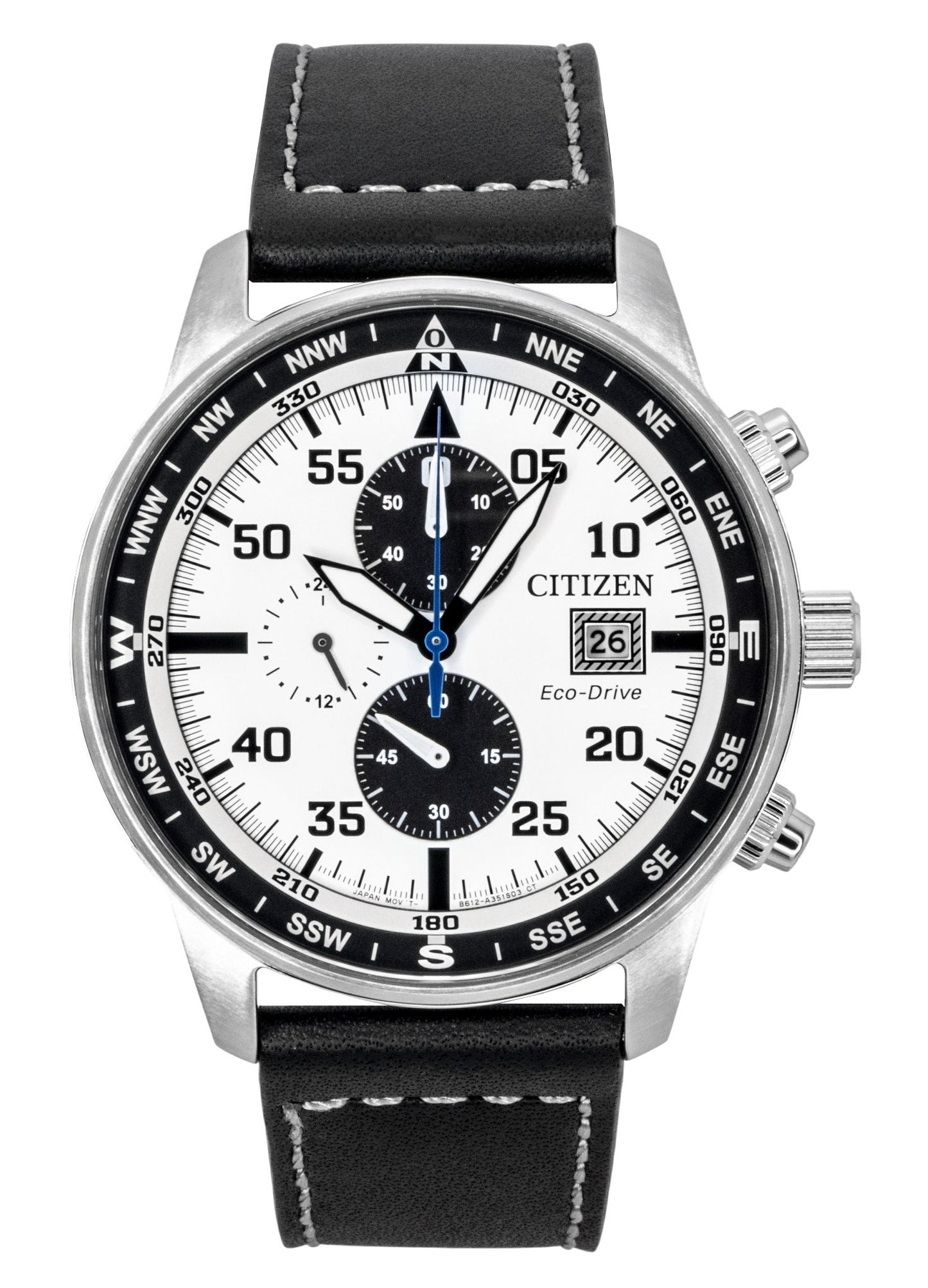 Citizen Eco-Drive Aviator Chronograph Leather Strap White. A brand-new Citizen Eco-Drive watch featuring a White dial and a Leather strap. Side view.