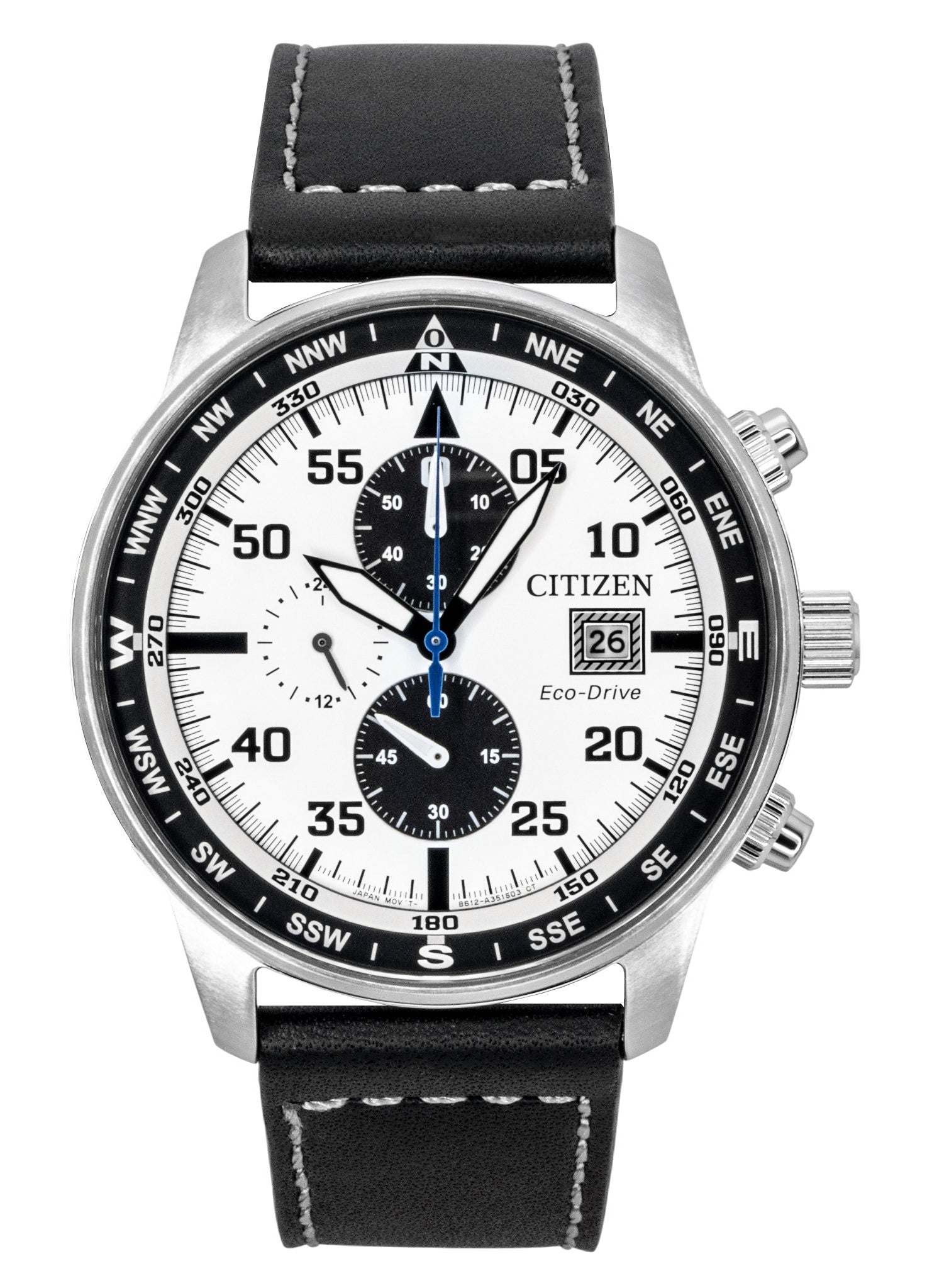 Citizen Eco-Drive Aviator Chronograph Leather Strap White. A brand-new Citizen Eco-Drive watch featuring a White dial and a Leather strap. Side view.