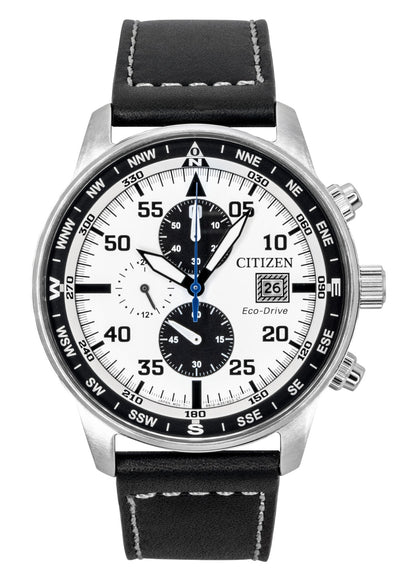 Citizen Eco-Drive Chronograph function White Leather Male CA0880-07A. A brand-new Citizen Eco-Drive watch featuring a White dial and a Leather strap. Side view.