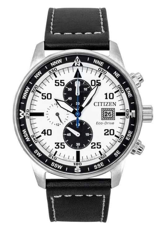 Citizen Eco-Drive Chronograph function White Leather Male CA0880-07A. A brand-new Citizen Eco-Drive watch featuring a White dial and a Leather strap. Side view.