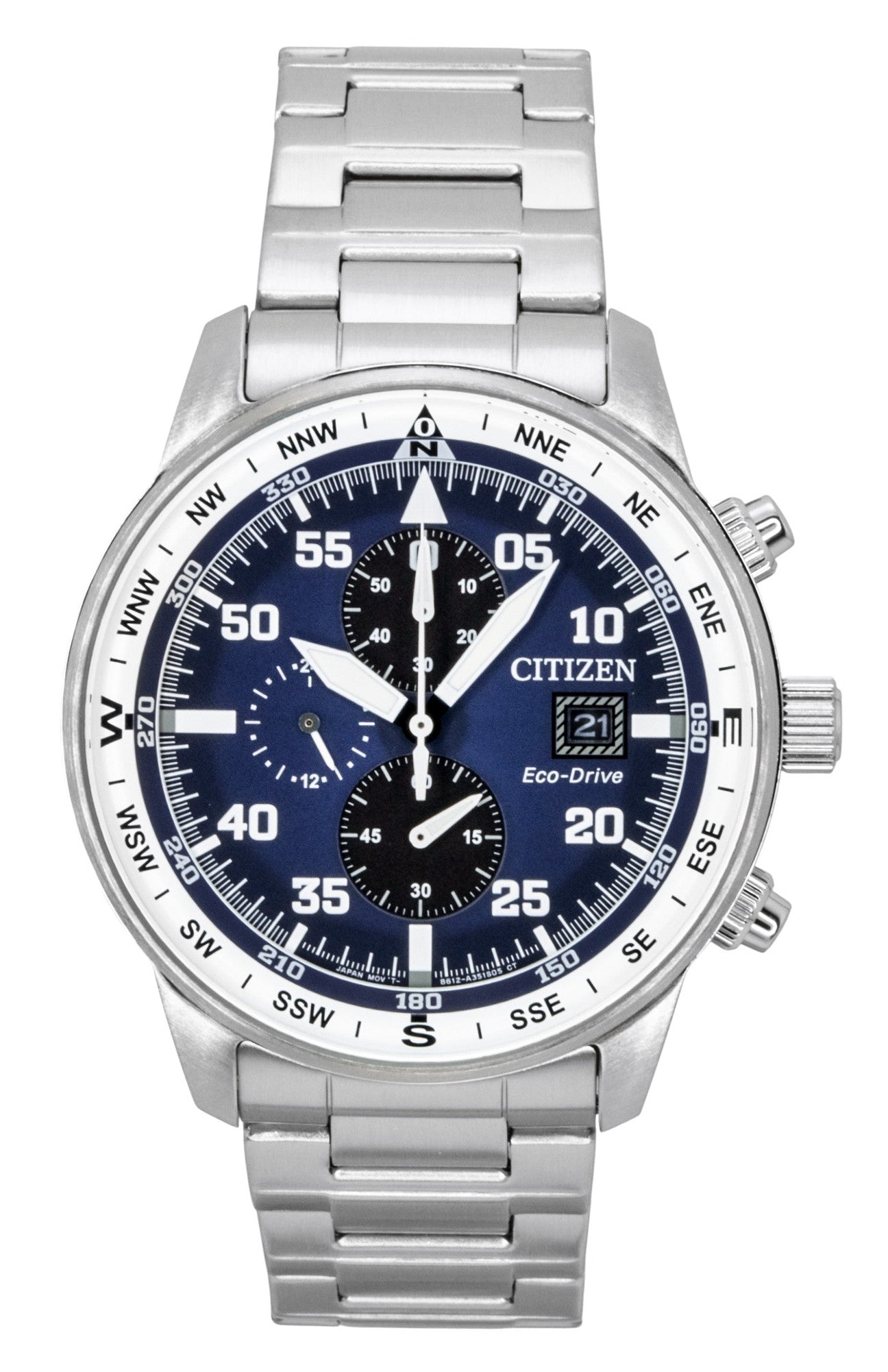 Citizen Eco-Drive Aviator Chronograph Stainless Steel Blue. A brand-new Citizen Eco-Drive watch featuring a Blue dial and a Stainless steel strap. Front view.