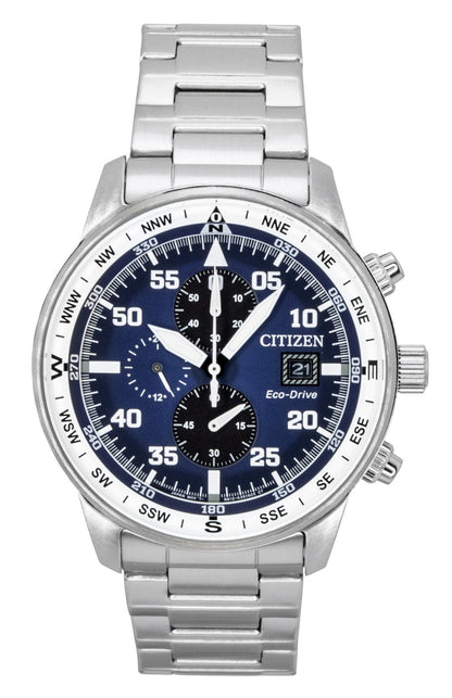 Citizen Eco-Drive Aviator Chronograph Stainless Steel Blue. A brand-new Citizen Eco-Drive watch featuring a Blue dial and a Stainless steel strap. Front view.