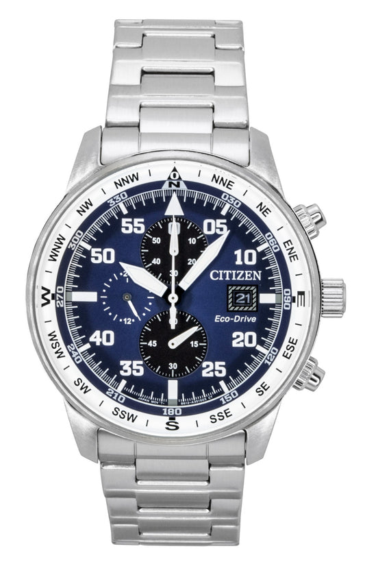 Citizen Eco-Drive Aviator Chronograph Stainless Steel Blue. A brand-new Citizen Eco-Drive watch featuring a Blue dial and a Stainless steel strap. Angled view.