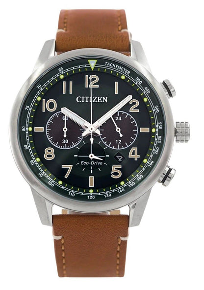 Citizen Eco-Drive Chronograph function Green Leather Male CA4420-21X. A brand-new Citizen Eco-Drive watch featuring a Green dial and a Leather strap. Front view.