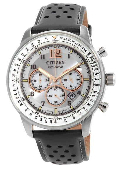 Citizen Eco-Drive Chronograph function Grey Leather Male CA4500-24H. A brand-new Citizen Eco-Drive watch featuring a Grey dial and a Leather strap. Side view.