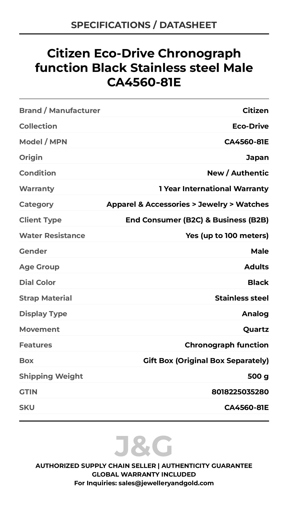 Citizen Eco-Drive Chronograph function Black Stainless steel Male CA4560-81E - Specifications