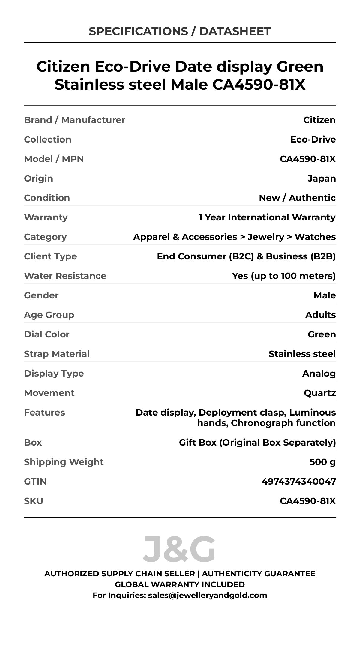 Citizen Eco-Drive Date display Green Stainless steel Male CA4590-81X - Specifications