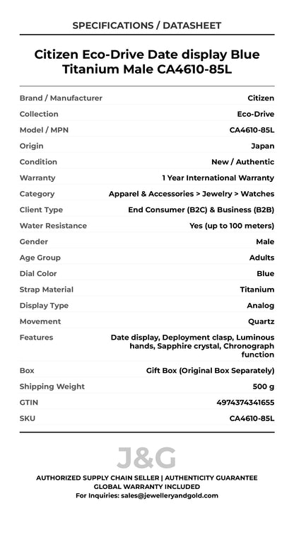 Citizen Eco-Drive Date display Blue Titanium Male CA4610-85L - Specifications