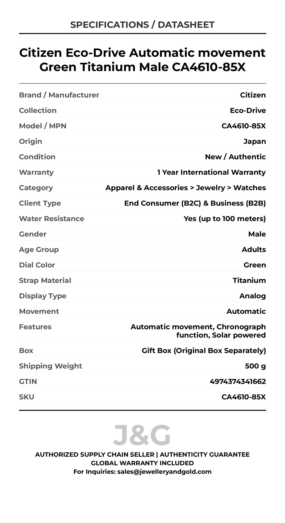 Citizen Eco-Drive Automatic movement Green Titanium Male CA4610-85X - Specifications