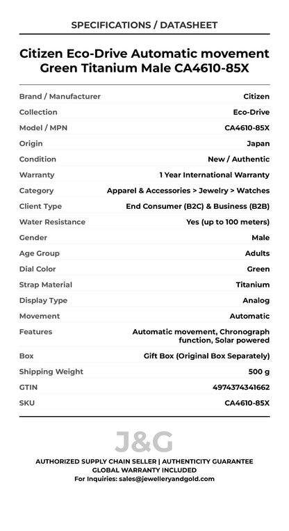 Citizen Eco-Drive Automatic movement Green Titanium Male CA4610-85X - Specifications