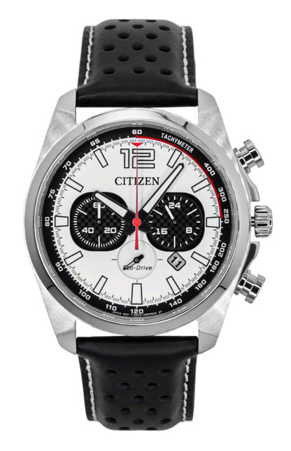 Citizen Eco-Drive Chronograph function White Leather Male CA4640-09A. A brand-new Citizen Eco-Drive watch featuring a White dial and a Leather strap. Front view.
