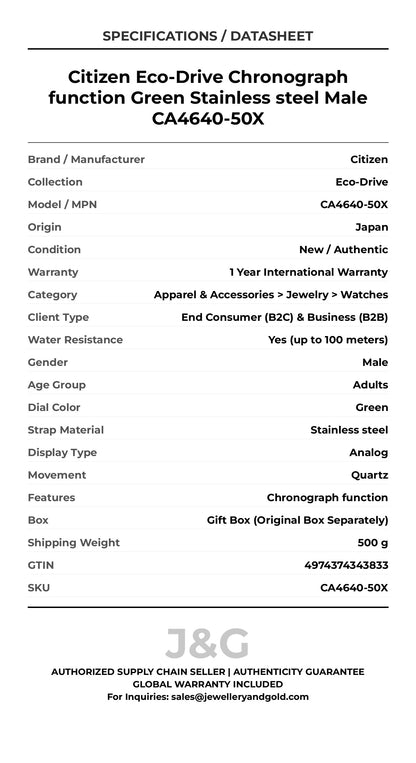 Citizen Eco-Drive Chronograph function Green Stainless steel Male CA4640-50X - Specifications