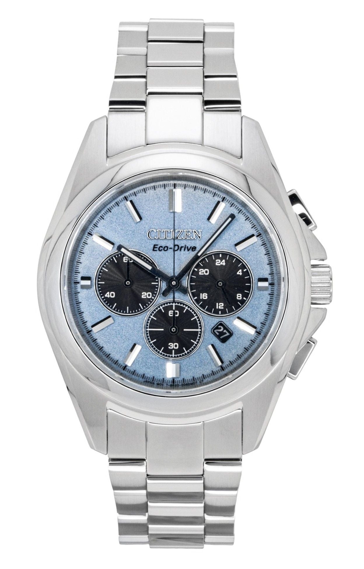 Citizen Eco-Drive Chronograph function Blue Stainless steel Male CA4680-55L. A brand-new Citizen Eco-Drive watch featuring a Blue dial and a Stainless steel strap. Angled view.
