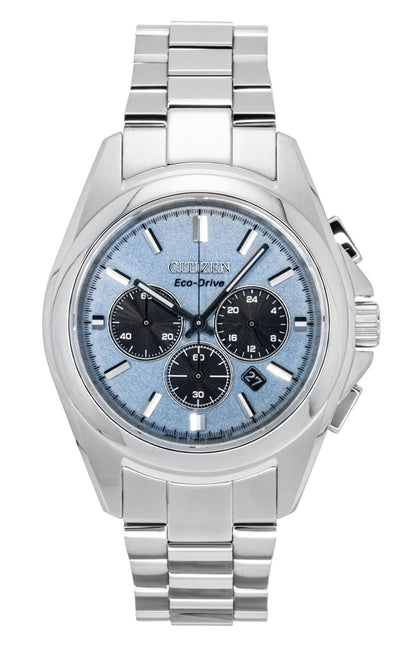 Citizen Eco-Drive Chronograph function Blue Stainless steel Male CA4680-55L. A brand-new Citizen Eco-Drive watch featuring a Blue dial and a Stainless steel strap. Angled view.