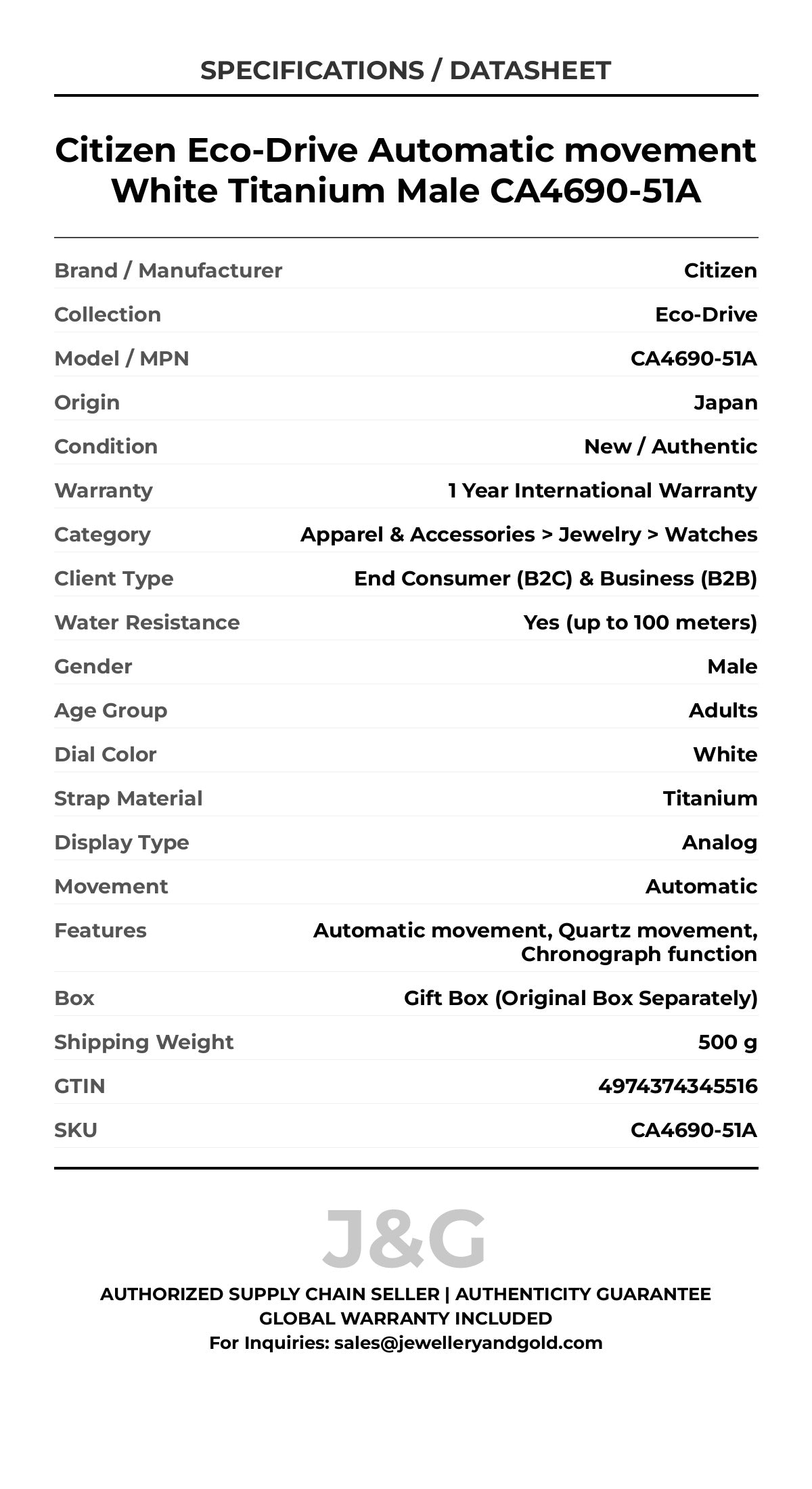 Citizen Eco-Drive Automatic movement White Titanium Male CA4690-51A - Specifications