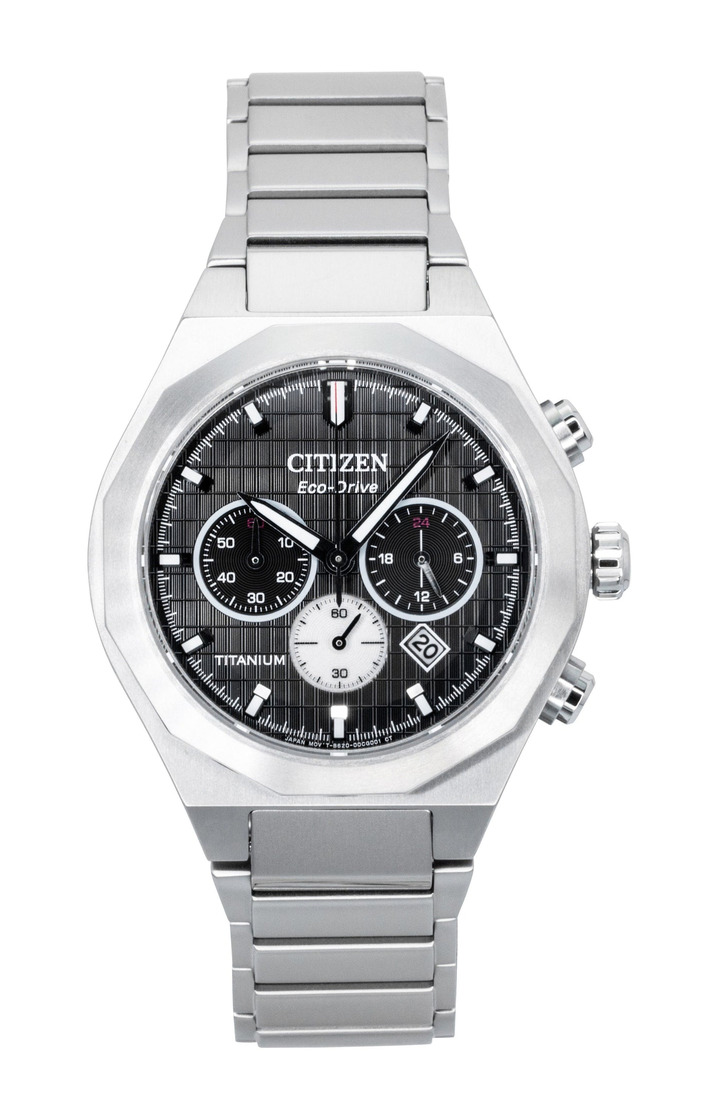 Citizen Eco-Drive Chronograph function Black Titanium Male CA4690-51E. A brand-new Citizen Eco-Drive watch featuring a Black dial and a Titanium strap. Angled view.