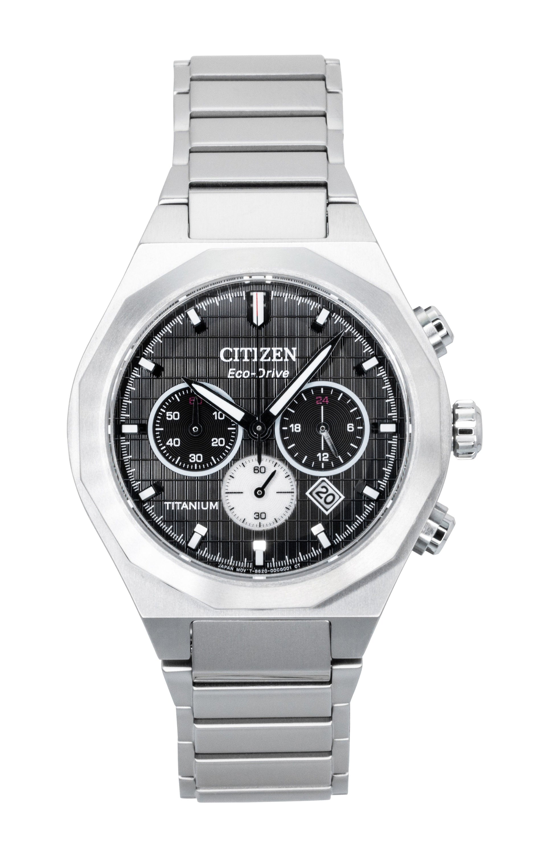 Citizen Eco-Drive Chronograph function Black Titanium Male CA4690-51E. A brand-new Citizen Eco-Drive watch featuring a Black dial and a Titanium strap. Angled view.