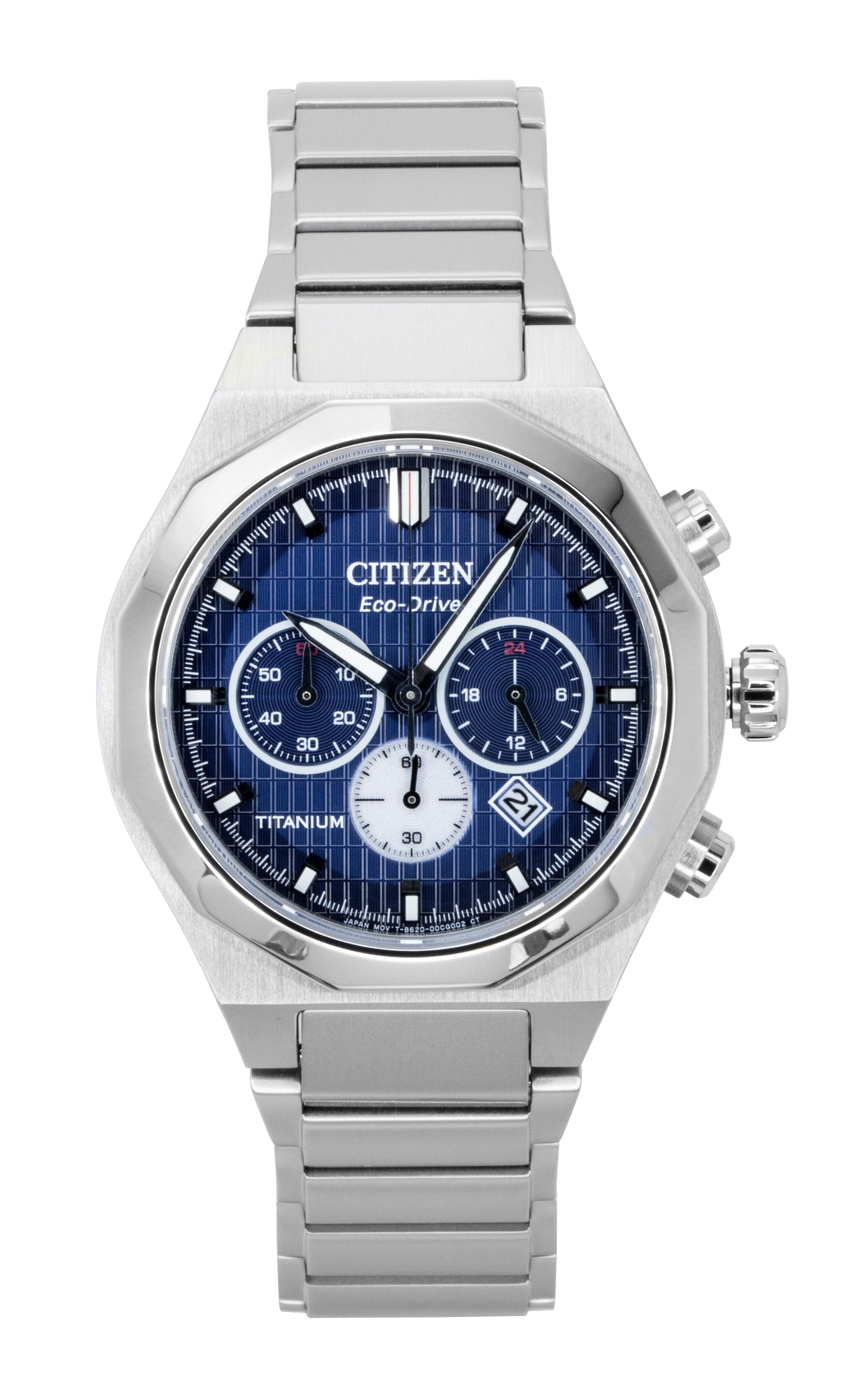 Citizen Eco-Drive Chronograph function Blue Titanium Male CA4691-59L. A brand-new Citizen Eco-Drive watch featuring a Blue dial and a Titanium strap. Side view.