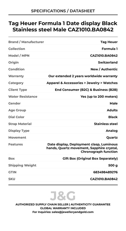 Tag Heuer Formula 1 Date display Black Stainless steel Male CAZ1010.BA0842 - Specifications