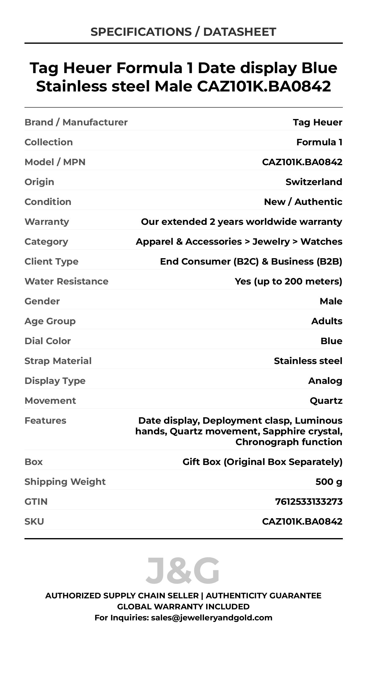 Tag Heuer Formula 1 Date display Blue Stainless steel Male CAZ101K.BA0842 - Specifications