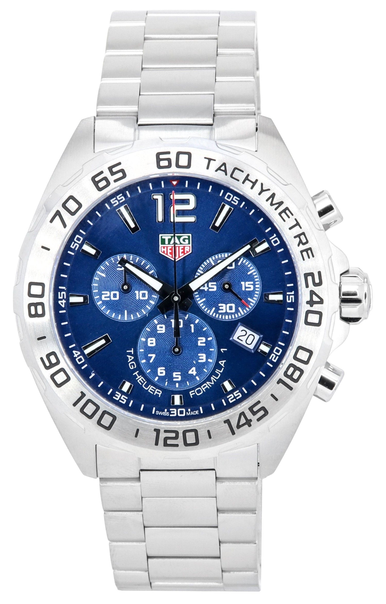 Tag Heuer Formula 1 Date display Blue Stainless steel Male CAZ101K.BA0842. A brand-new Tag Heuer Formula 1 watch featuring a Blue dial and a Stainless steel strap. Angled view.
