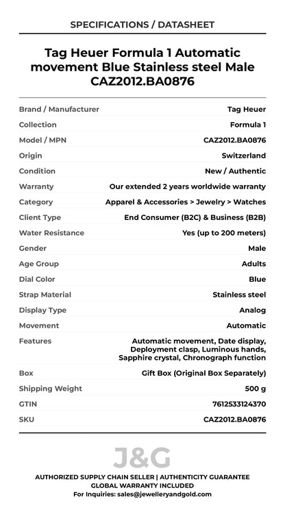 Tag Heuer Formula 1 Automatic movement Blue Stainless steel Male CAZ2012.BA0876 - Specifications