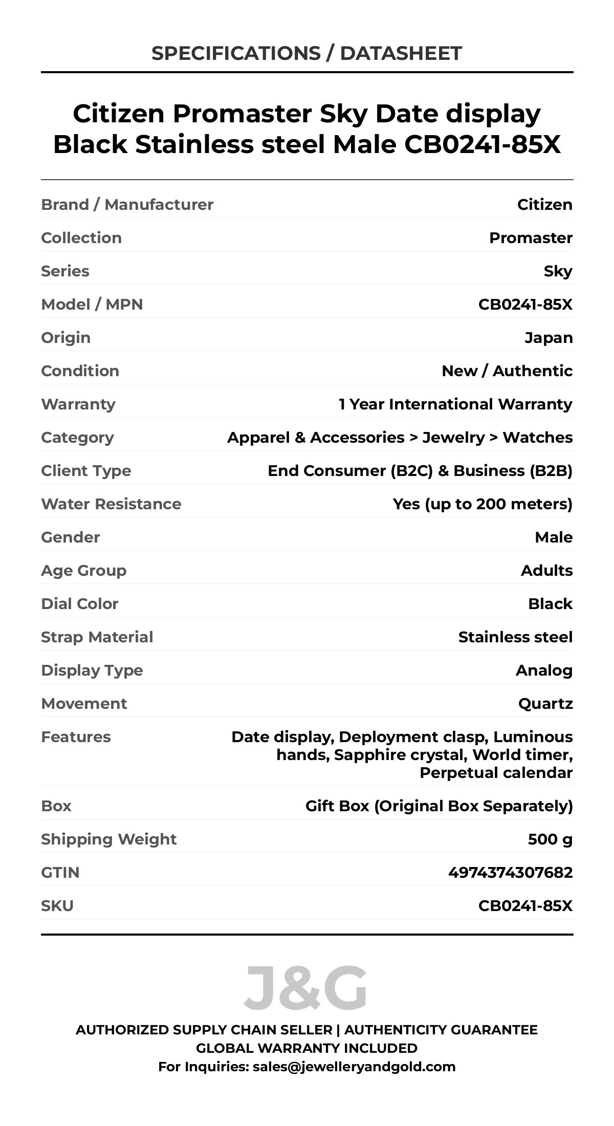 Citizen Promaster Sky Date display Black Stainless steel Male CB0241-85X - Specifications