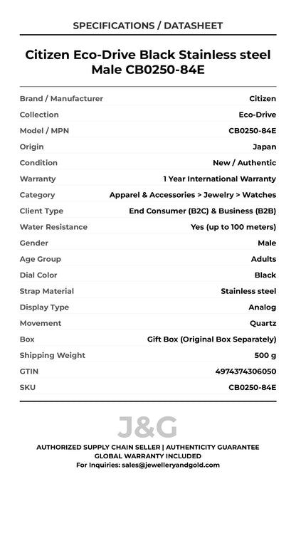 Citizen Eco-Drive Black Stainless steel Male CB0250-84E - Specifications
