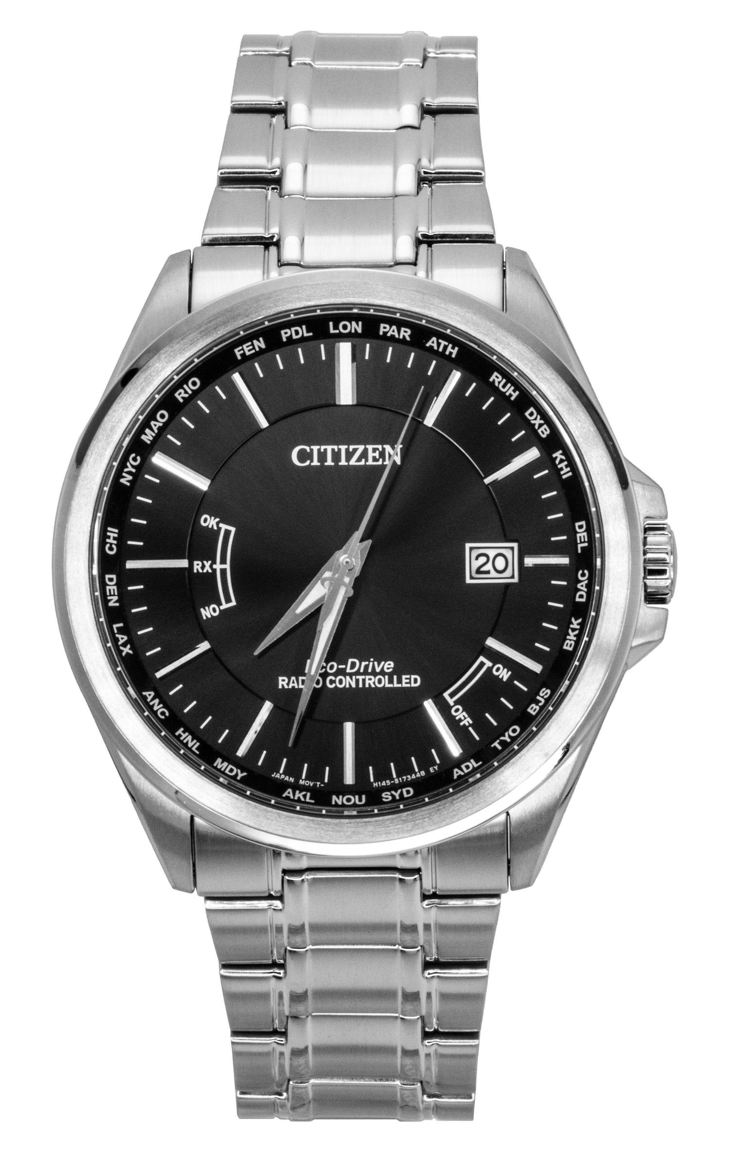 Citizen Eco-Drive Black Stainless steel Male CB0250-84E. A brand-new Citizen Eco-Drive watch featuring a Black dial and a Stainless steel strap. Front view.
