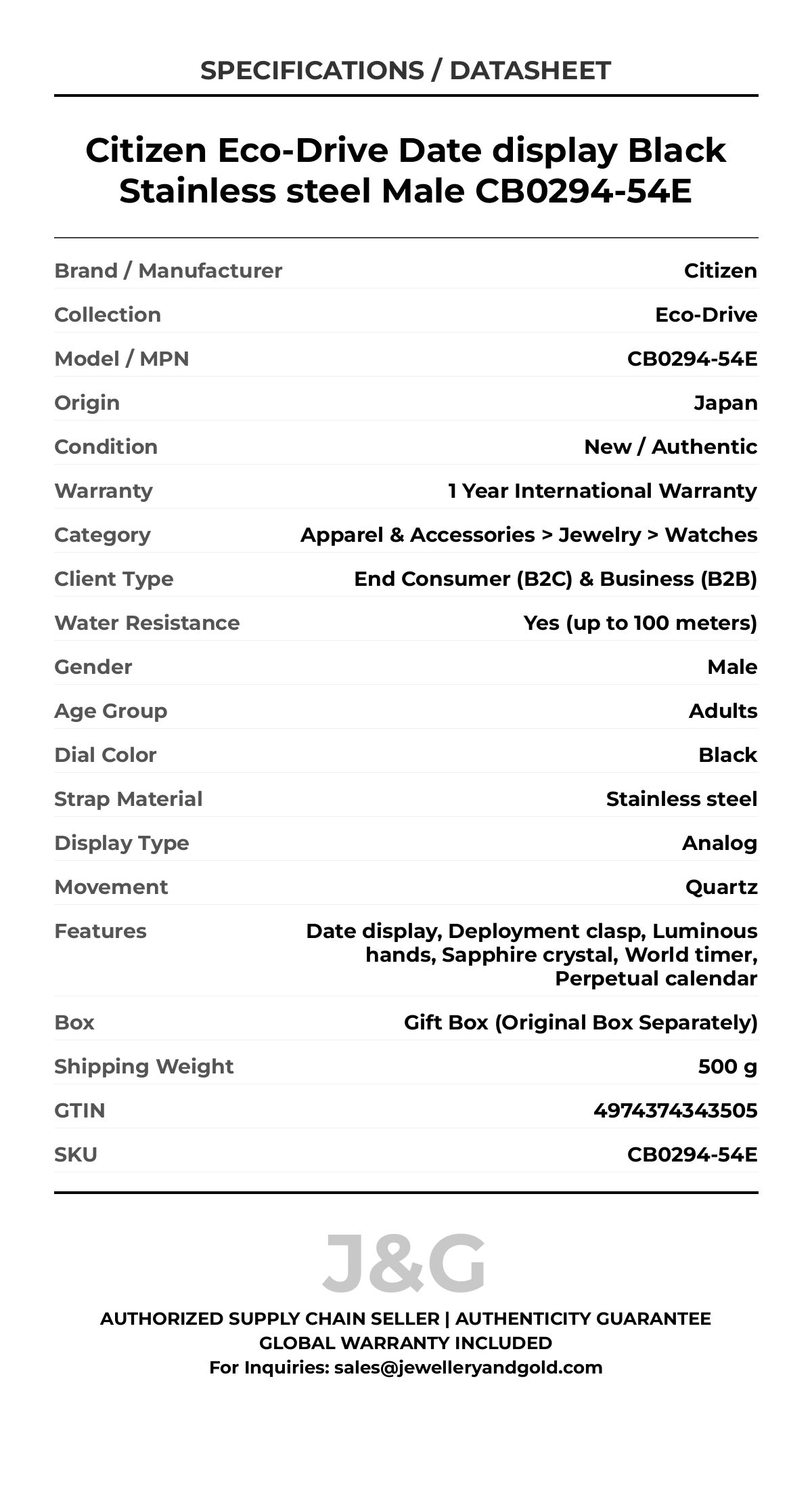 Citizen Eco-Drive Date display Black Stainless steel Male CB0294-54E - Specifications