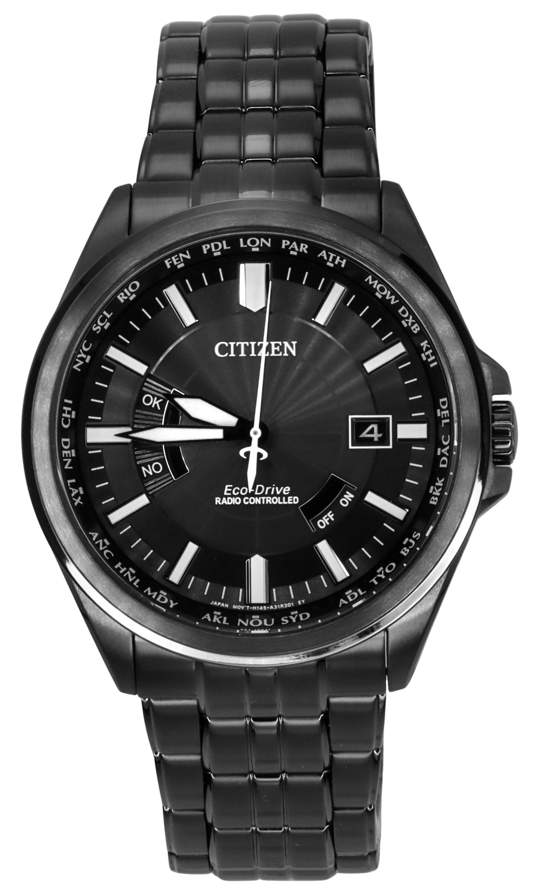 Citizen Eco-Drive Date display Black Stainless steel Male CB0294-54E. A brand-new Citizen Eco-Drive watch featuring a Black dial and a Stainless steel strap. Front view.