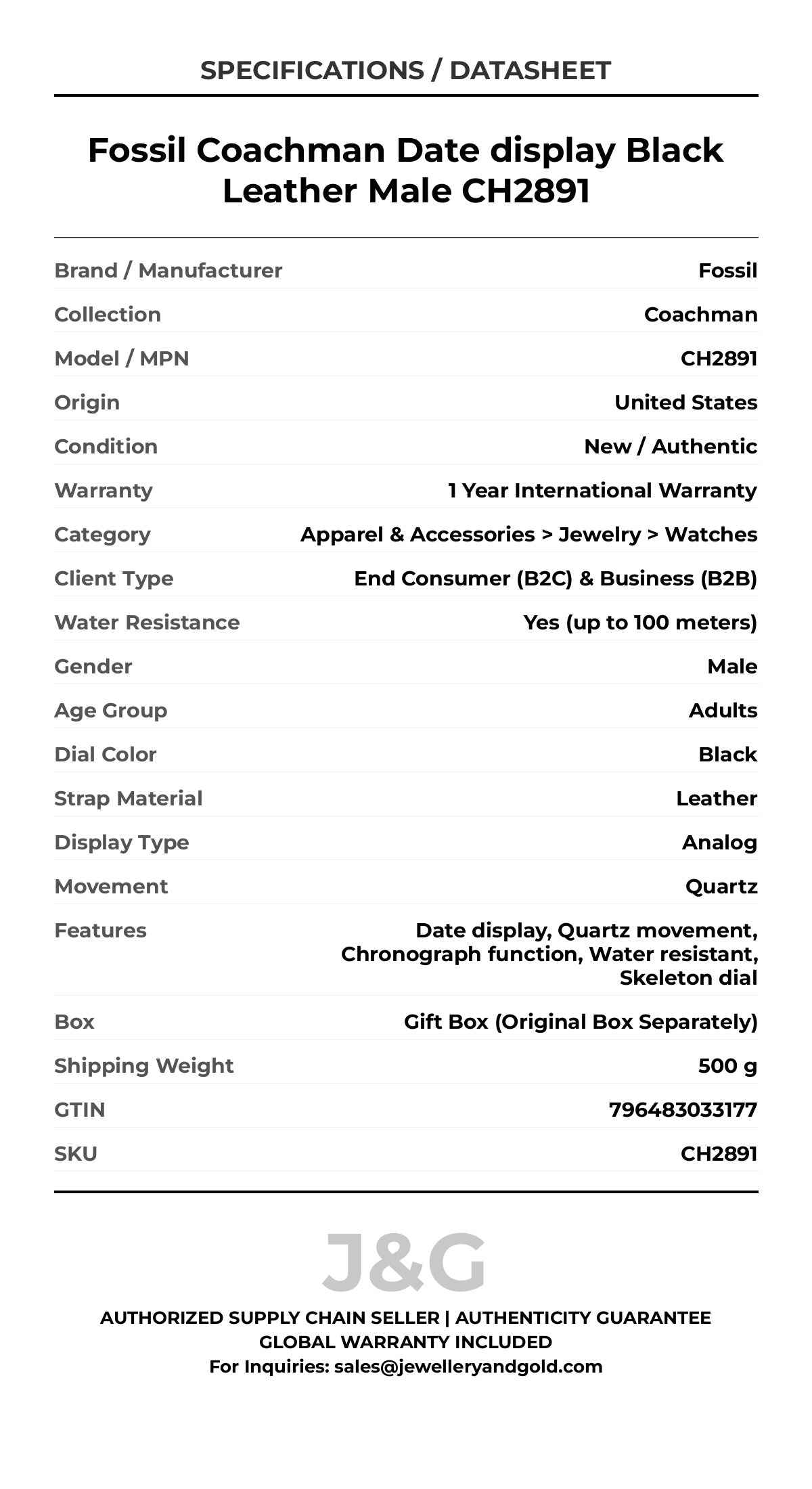 Fossil Coachman Date display Black Leather Male CH2891 - Specifications