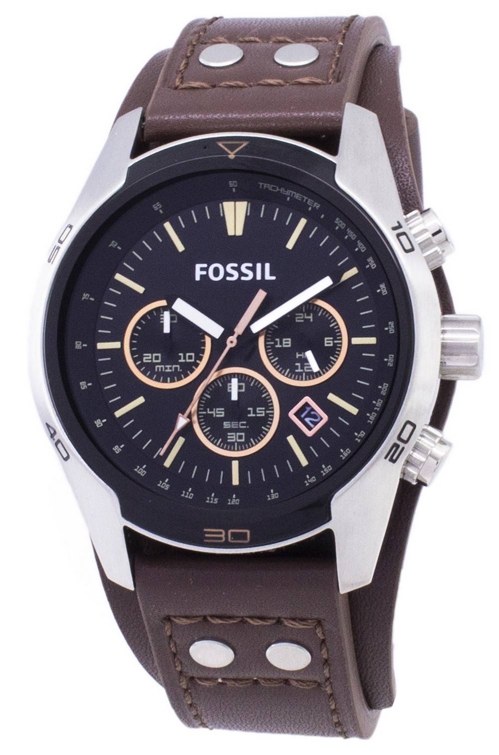 Fossil Coachman Date display Black Leather Male CH2891. A brand-new Fossil Coachman watch featuring a Black dial and a Leather strap. Front view.