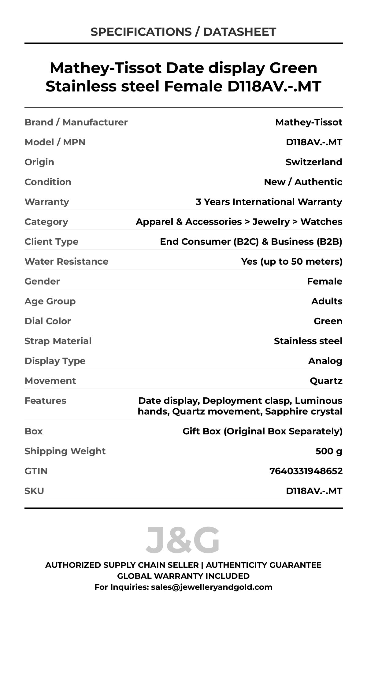 Mathey-Tissot Date display Green Stainless steel Female D118AV.-.MT - Specifications