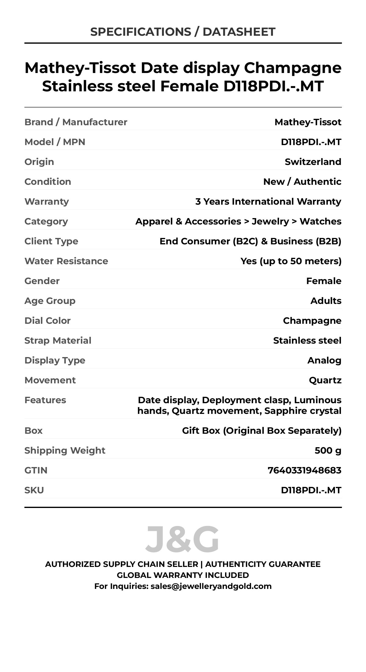 Mathey-Tissot Date display Champagne Stainless steel Female D118PDI.-.MT - Specifications