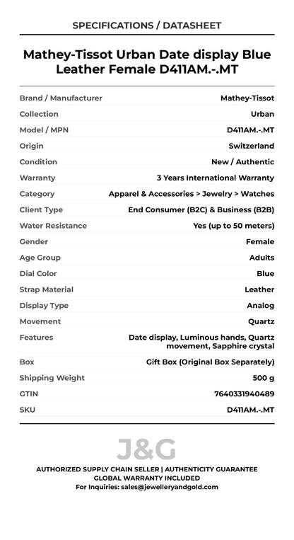 Mathey-Tissot Urban Date display Blue Leather Female D411AM.-.MT - Specifications