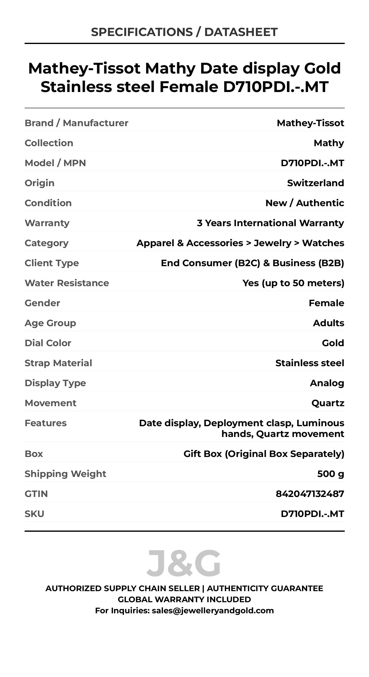 Mathey-Tissot Mathy Date display Gold Stainless steel Female D710PDI.-.MT - Specifications