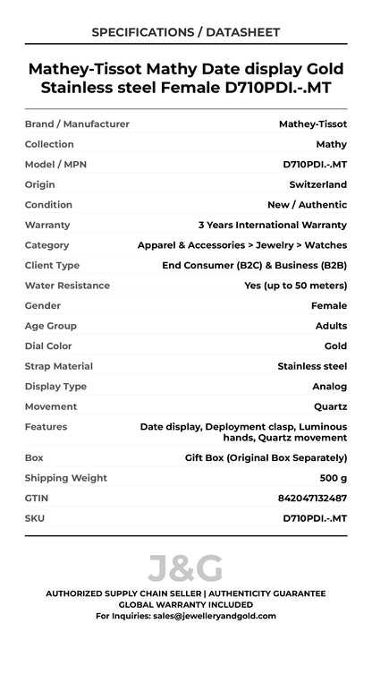 Mathey-Tissot Mathy Date display Gold Stainless steel Female D710PDI.-.MT - Specifications