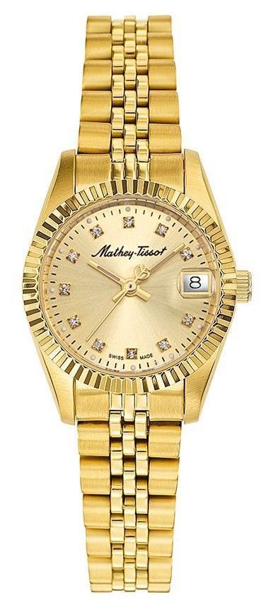 Mathey-Tissot Mathy Date display Gold Stainless steel Female D710PDI.-.MT. A brand-new Mathey-Tissot Mathy watch featuring a Gold dial and a Stainless steel strap. Front view.